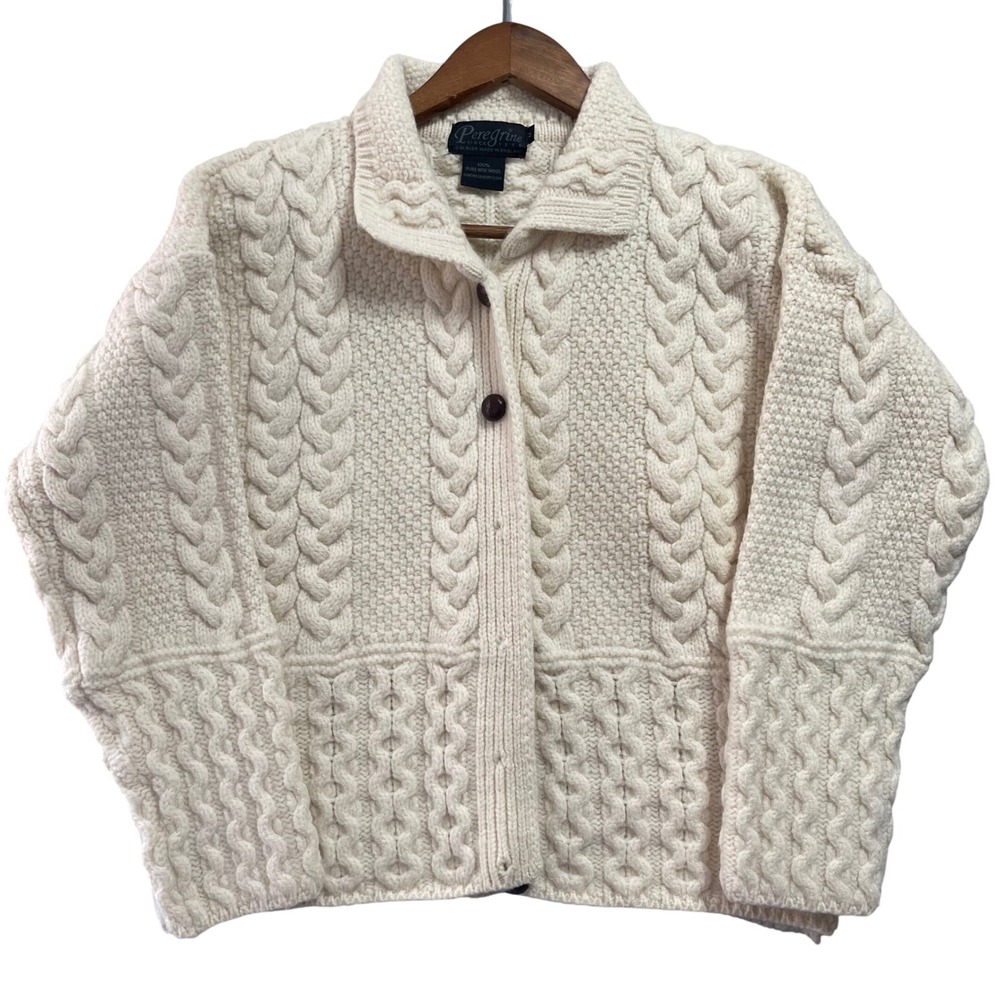 Peregrine Cardigan Women Wool M Cream Cable Knit Fisherman Made in England